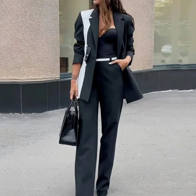 Women Fashion Casual Black White Color Block Blazer Jacket Straight Leg Pants Two-Piece Set Oversized Jacket Tailored Jacket Straight Jacket