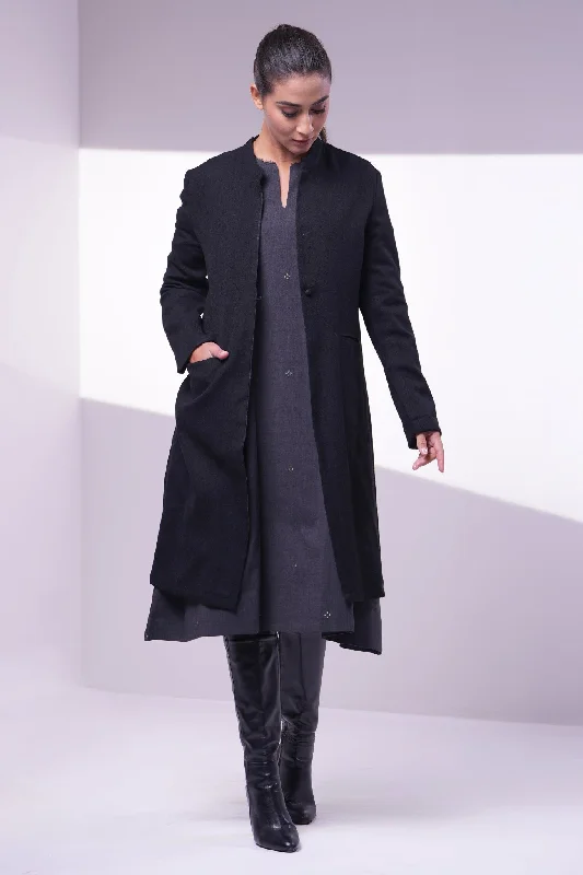 Black Wool Jacket Welt Pockets Slit Pockets Flap Pockets