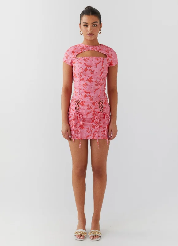 Take A Sip Tie Mini Skirt - Cherry Blossom denim skirt durable