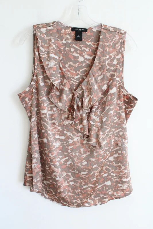 Ann Taylor Tan Satin Print Ruffle Tank Blouse | 14 fitted tank top
