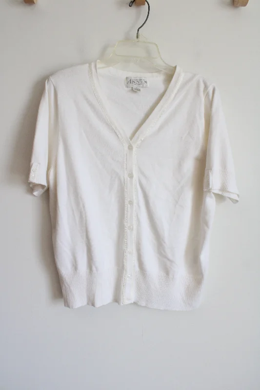 Casual Corner Annex White Button Down Short Sleeved Cardigan Sweater Top | XL Fleece Fabric Down Fabric Feather Fabric