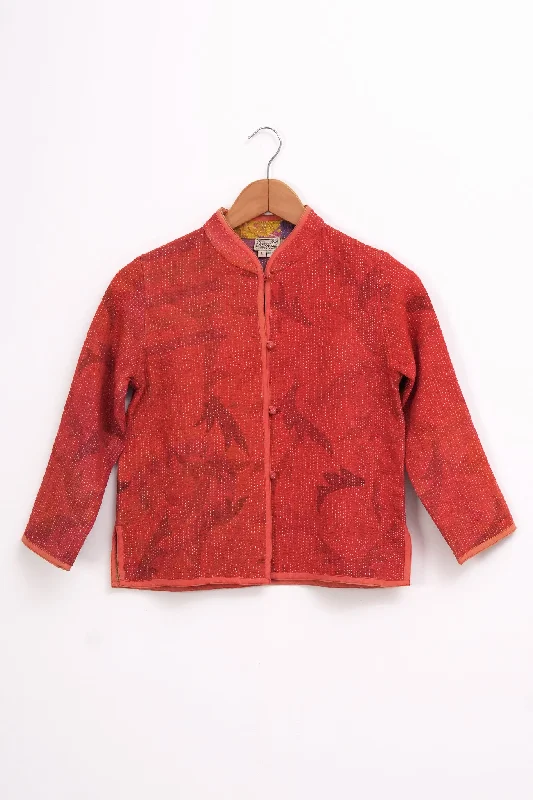 Orange Vintage Cotton Kantha Jacket For Kids Welt Pockets Slit Pockets Flap Pockets