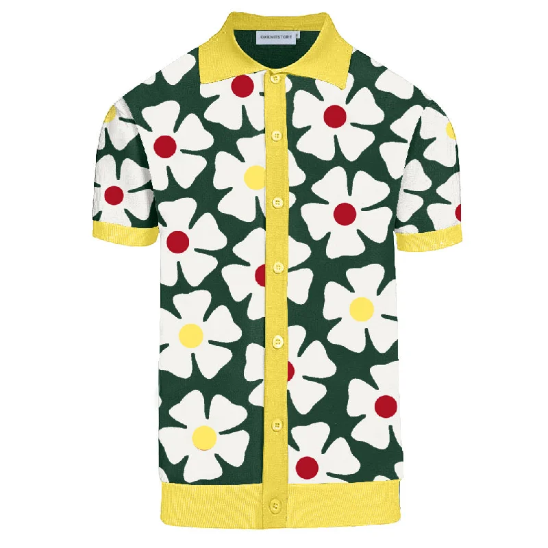 Men's yellow floral jacquard knit cardigan Asymmetrical,ymmetric Pencil Cardigan