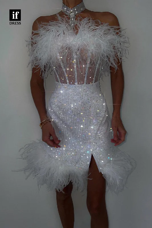 F1711 - Adorable Strapless Feathers Glitter Sleeveless Short Cocktail Homecoming Party Dress Tunics Luxurious high-end