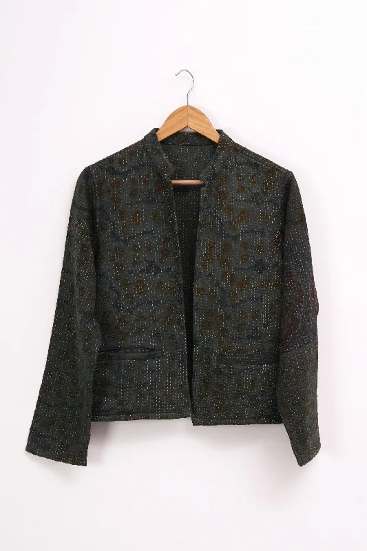 Olive Green Vintage Cotton Kantha Jacket Hoodie Zip-Up Jacket Button-Up Jacket