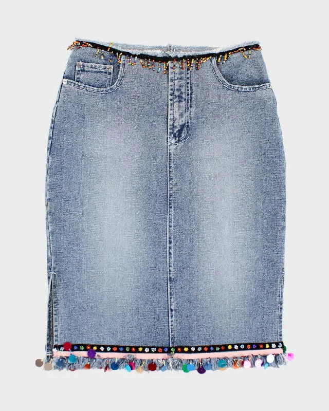 Y2k 00s Denim Beaded Sequin Skirt - S lace skirt delicate