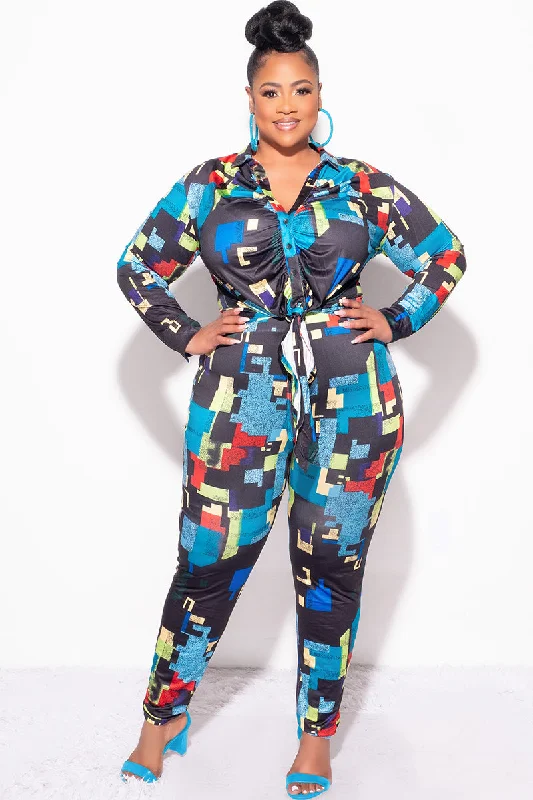 Final Sale Plus Size 2pc Button Up Collar Top and Pants Set in Black Multi-Color Print Soft Sweatpants Style