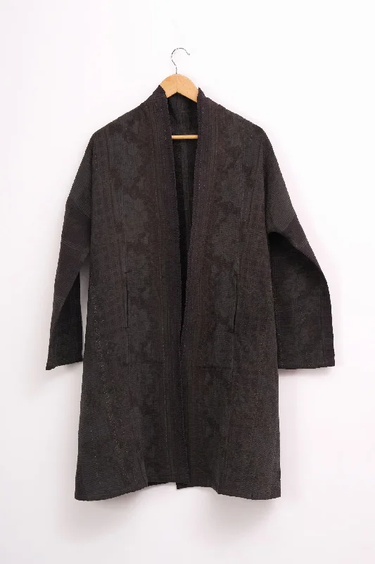 Charcoal  Vintage Cotton Kantha Jacket A-Line Jacket Boat Neck Shawl Collar