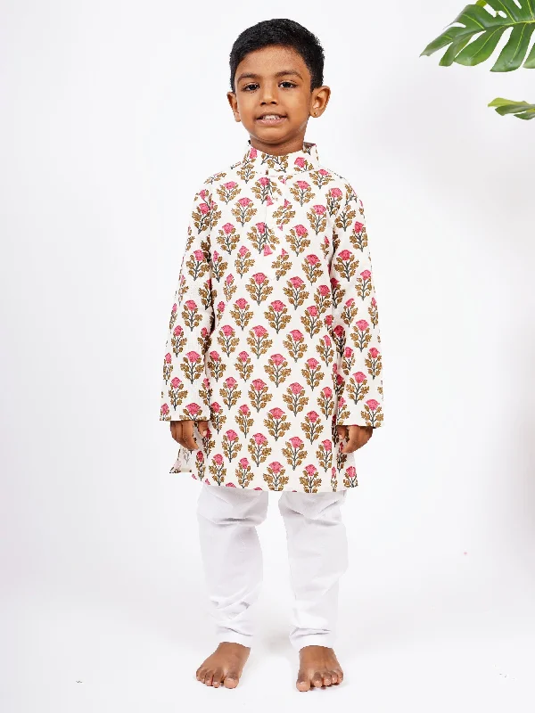 Mugal Floral Block Printed Boys Kurta Set with White Pant Relaxed Fit Trousers