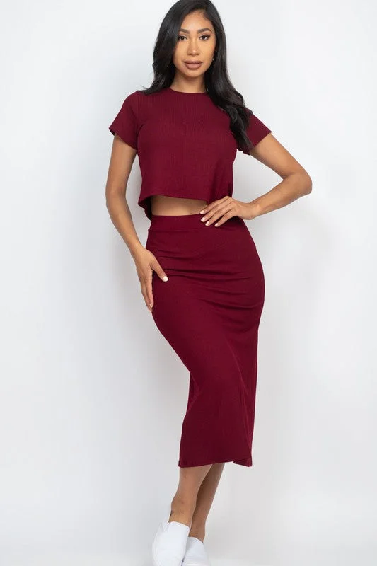 Ribbed Solid Top & Midi Skirt Set (7 colors) velvet skirt plush