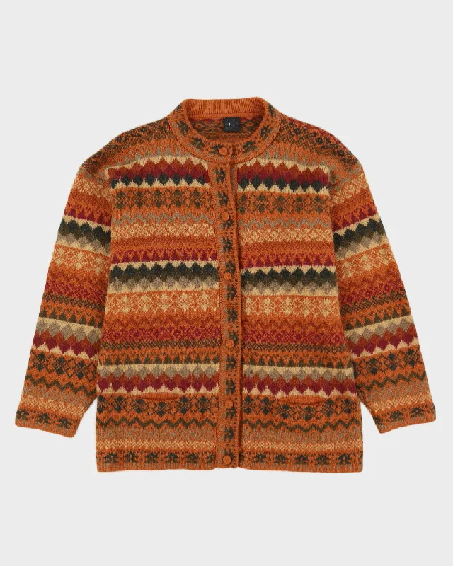 Orange Patterned Hand-Knitted Cardigan - S Zippered Buttoned Snapped