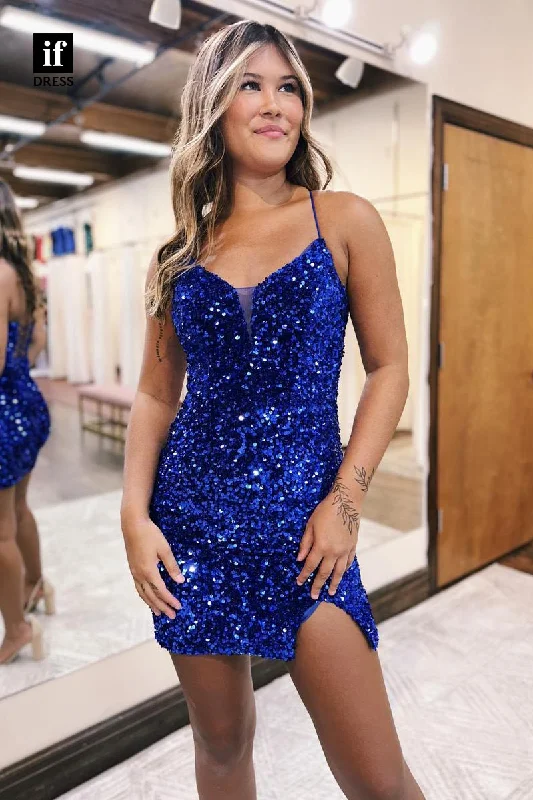 F1777 - Sparkly Straps V-Neck Full Sequins Tight Short Cocktail Homecoming Party Dress Off-the-shoulder Chic Trendy