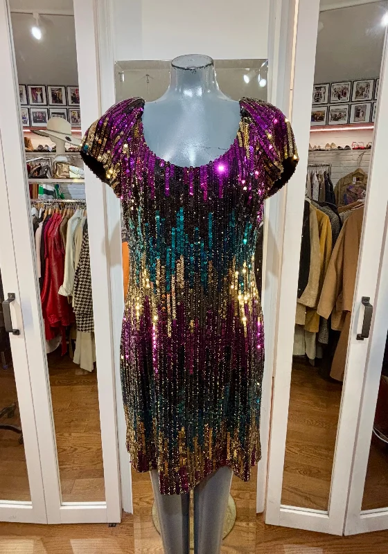 00’s Gold And Multicolor Sequins Cap Sleeve Party Dress Tunics Travel practical