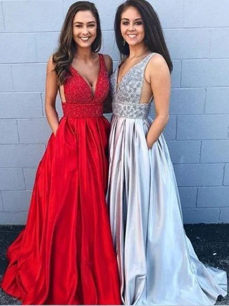Sparkly Red  A-line Prom Dress with Pockets Senior Graduation Formal Party Dress Tunics Summer linen