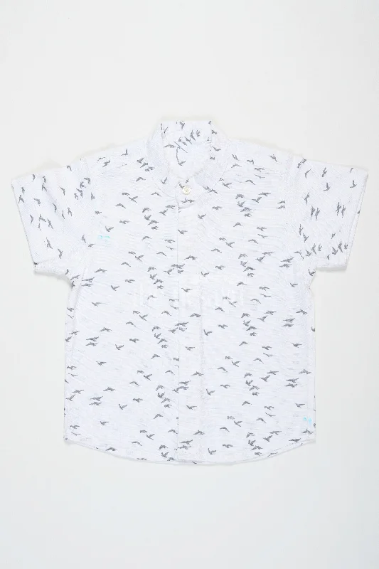 Pure Cotton Boys Dress Pant Shirt in White with Half Sleeves and Bird Print Cozy Maternity Pants