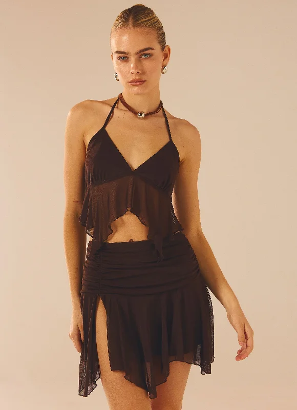 Spellbind Mini Skirt - Dark Mocha a-line skirt cut