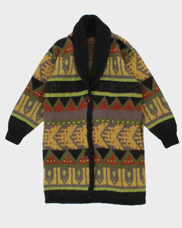 Vintage Knit Patterned Long Cardigan - M Solid Color Striped Floral Print