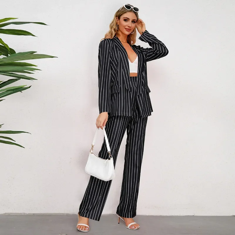 Women Fashion Casual Stripe Suit Jacket Straight Wide Pants Two-Piece Set Zip Front Button Front Snap Front