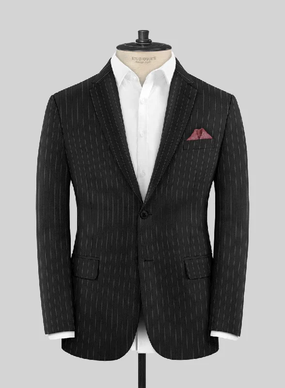 Scabal Feeje Stripe Black Wool Jacket Stand-Up Collar Roll-Neck Collar Turtle Neck