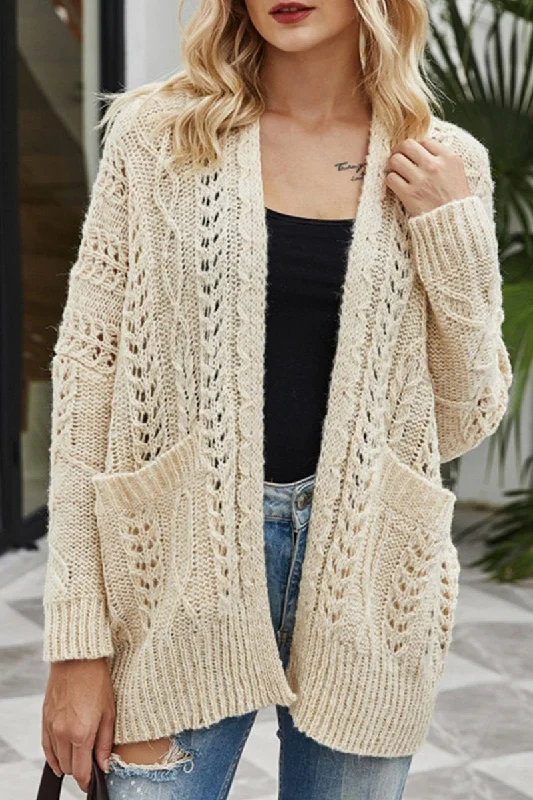 WOMEN CABLE KNITTED CROCHET RIBBED MID CARDIGAN Crew Neck V-Neck Turtle Neck