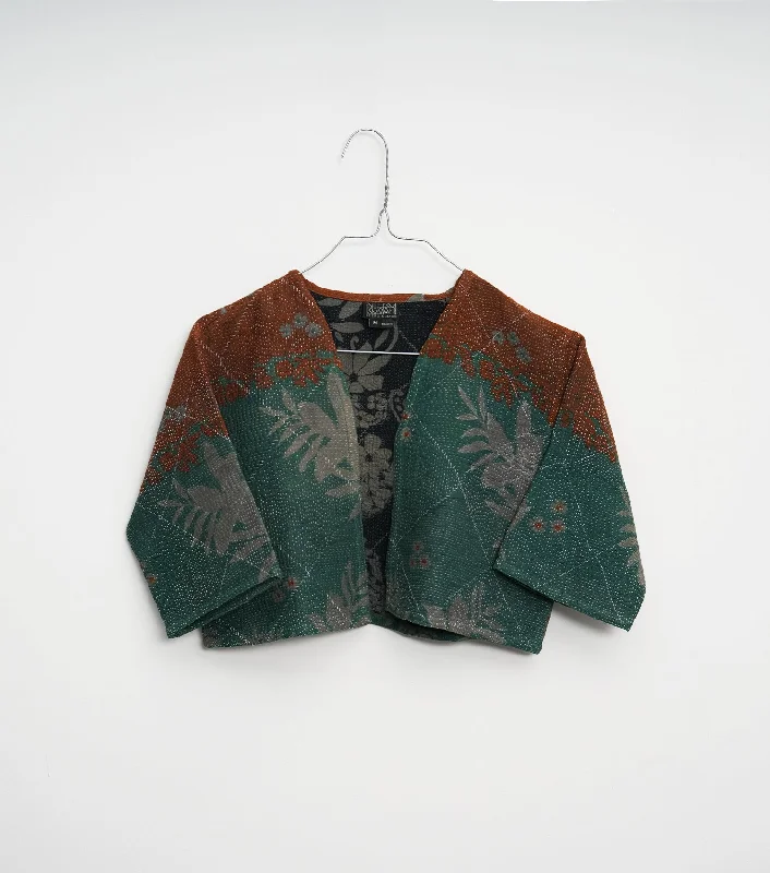Green Vintage Cotton Kantha Short Jacket One-Shoulder Jacket Off-the-Shoulder Jacket Asymmetrical Jacket