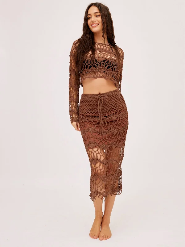 Cora Crochet Midi Skirt / Brown spandex blend skirt
