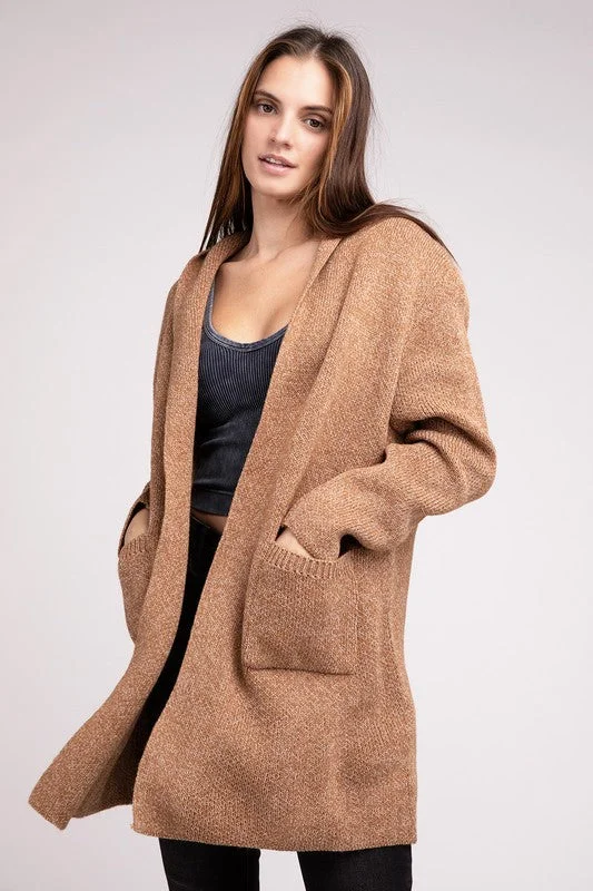 Hooded Open Front Sweater Cardigan Sequined Glittery Shiny