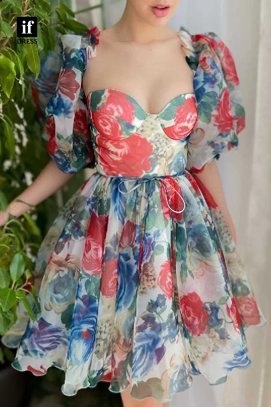 F1242 - Adorable Sweetheart Floral Print A-Line Short Graduation Party Dress Tunics Stylish elegant