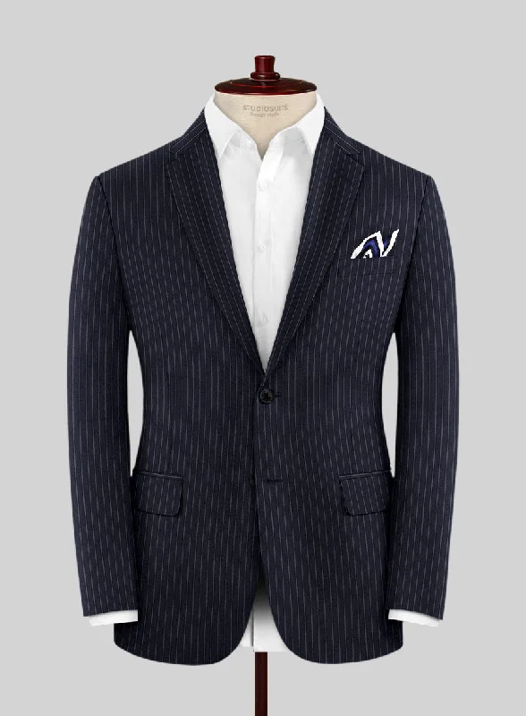 Scabal Paqui Stripe Blue Wool Jacket Snapped Jacket Toggled Jacket Drawstring Jacket