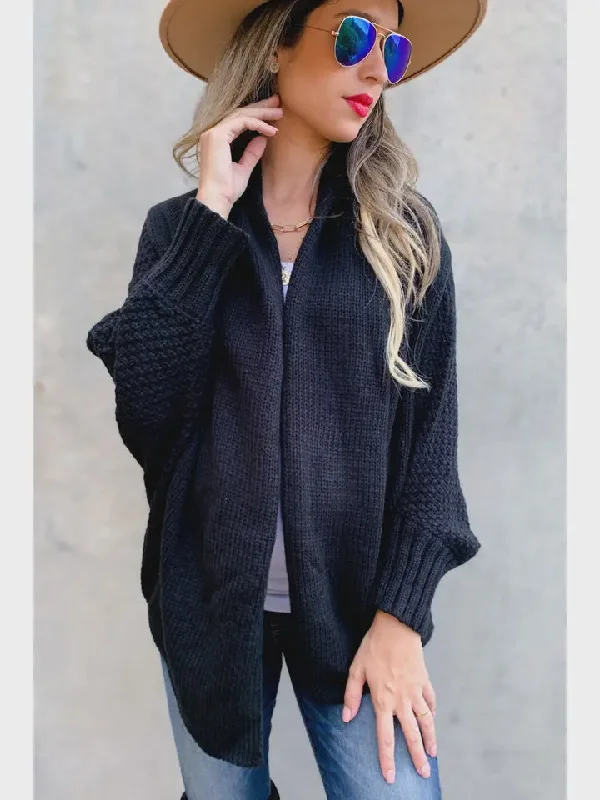 Black Textured Knit Dolman Sleeve Cardigan Machine Wash Dry Clean Hand Wash
