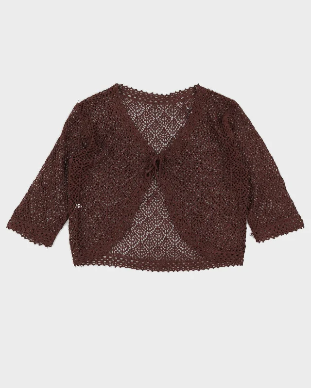Y2K 00s Brown Crochet Tie Up Cardigan - M Silk Blend Satin Velvet