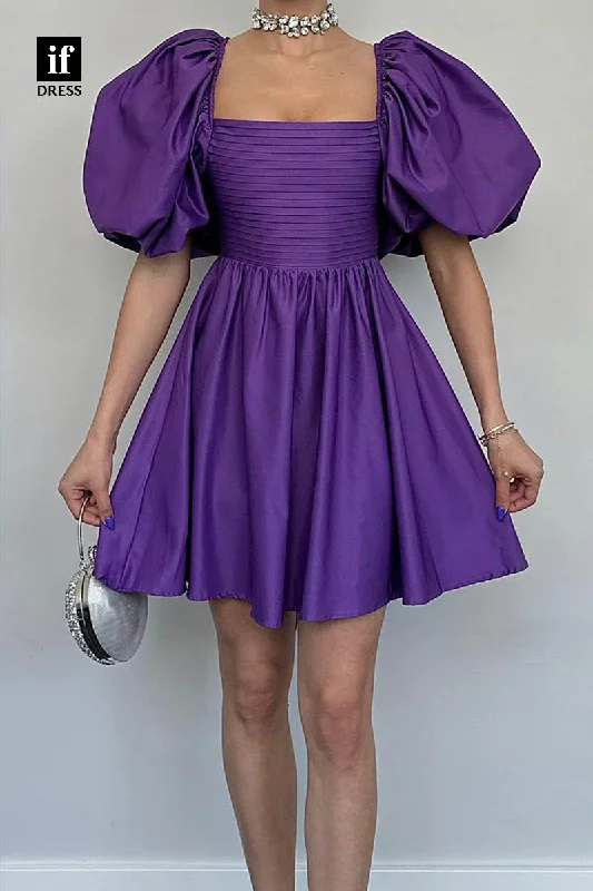 F1767 - Chic A-Line Puff Sleeves Ruched Satin Short Homecoming Party Dress with Bow-Knot Boatneck Modish Everyday