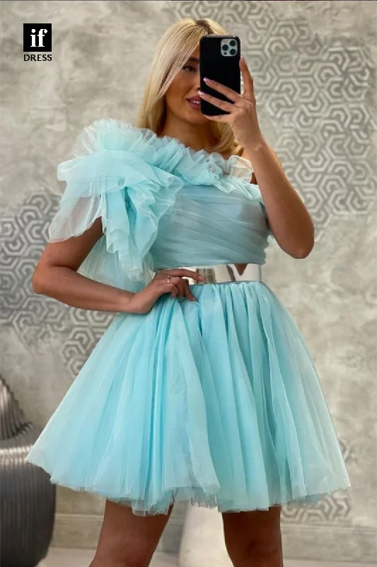 F1757 - Sweet A-Line One Shoulder Ruched Belt Short Cocktail Homecoming Party Dress Tunics Cozy soft
