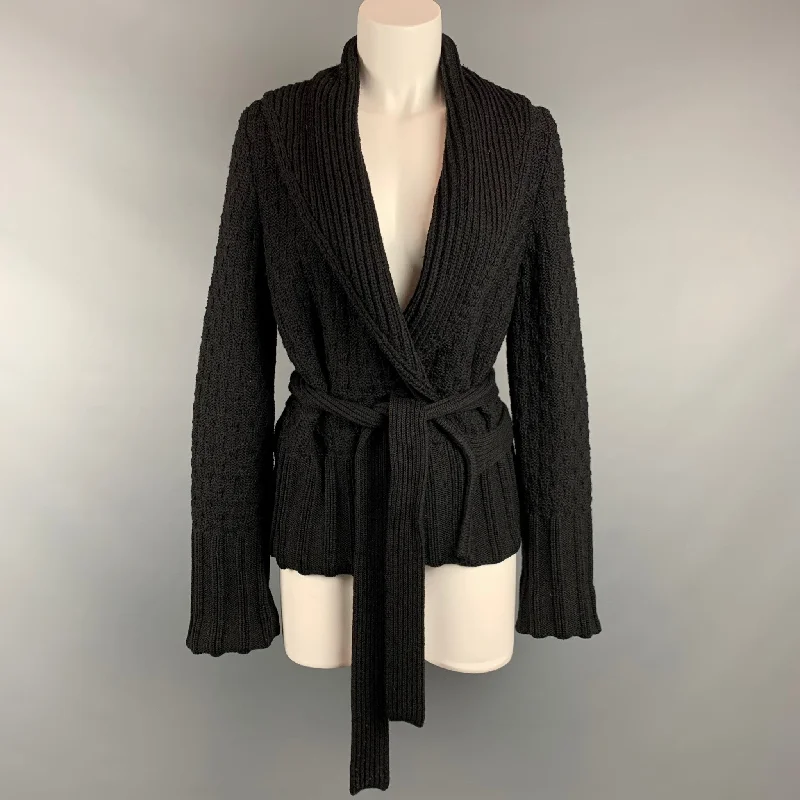 SONIA RYKIEL Size 2 Black Knitted Textured Wool / Cashmere Belted Cardigan Stretchy Elastic Breathable