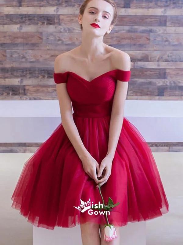 Burgundy A-line Tulle Off The Shoulder Prom Party Dress Homecoming Dress, WGP024 Tunics Spring floral
