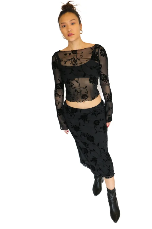 MOTEL - "Rujha" - Midi Skirt Rose Flock Black elastic waist skirt