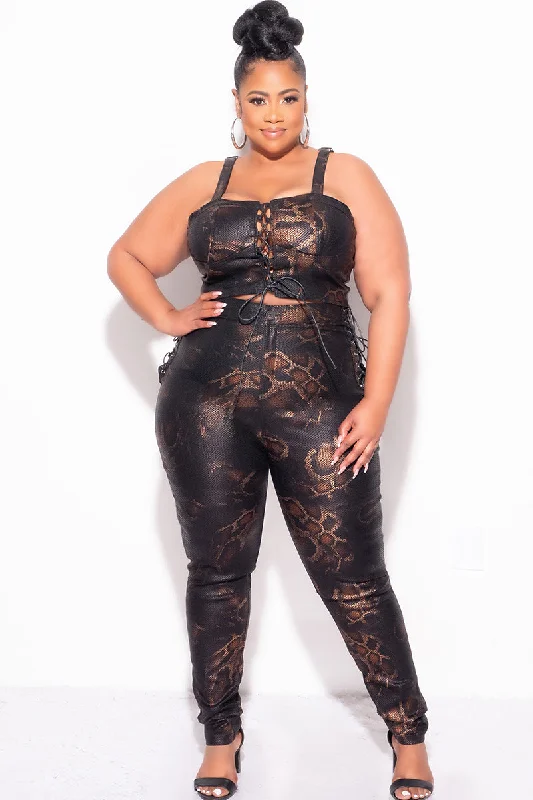 Final Sale Plus Size 2pc Pants Set in Snake Print With Lace Up Detail Cozy Fitted Pants