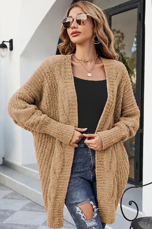 WOMEN FURRY CABLE KNITTED OPEN FORNT CARDIGAN Mesh Fabric Canvas Fabric Denim Fabric