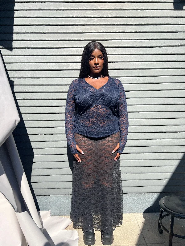 Stretch Lace V-Neck Top & Skirt Set- Navy silk skirt smooth