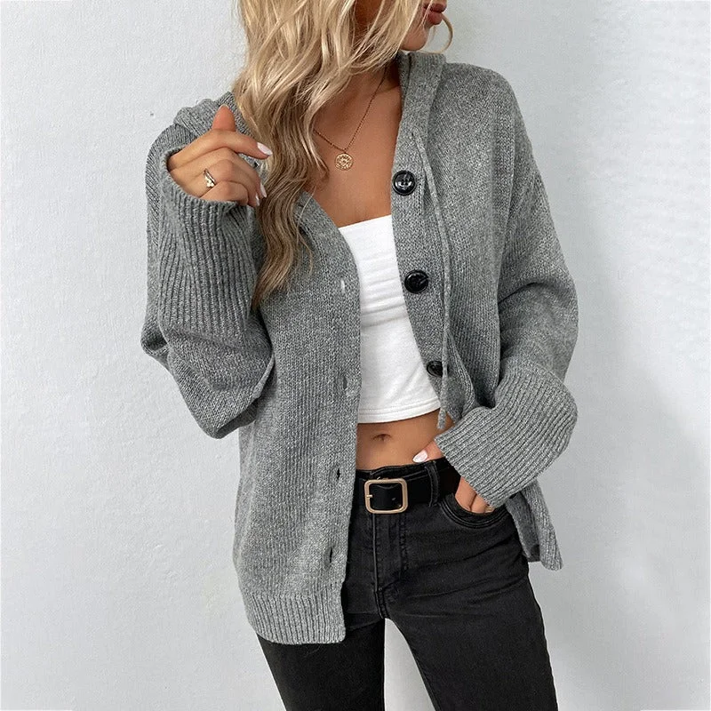 Solid Hooded Single Breasted Sweater Women's New Drawstring Knitted Cardigan Coat Asymmetrical,ymmetric Pencil Cardigan