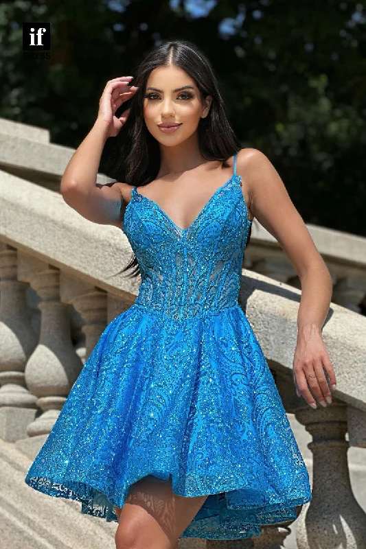 F1558 - Gorgeous Spaghrtti Straps V-Neck Appliques Cocktail Homecming Party Dress Shift Classic Vintage