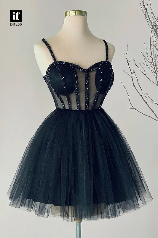 F1713 - A-Line Spaghetti Straps Sweetheart Tulle Short Cocktail Homecoming Party Dress High-Low Hemline Casual