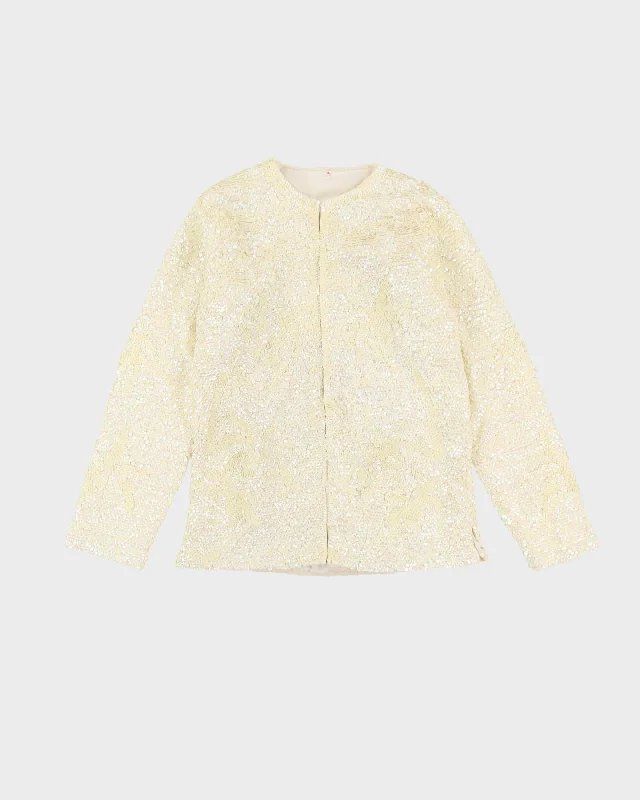 1980s Cream Sequined Cardigan Style Jacket - S Slim Fit Regular Fit Oversized