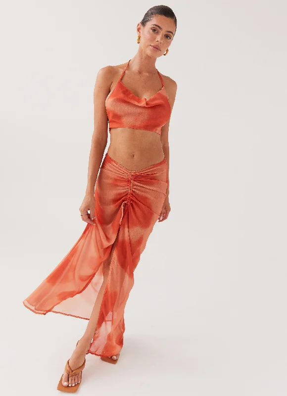 Zenta Ruched Maxi Skirt - Copper corduroy skirt textured