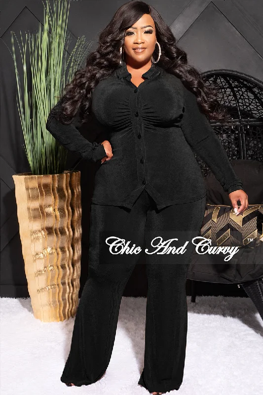 Final Sale Plus Size 2pc Slinky Button Up Collar Top and Pants Set in Black Soft Sweatpants Style