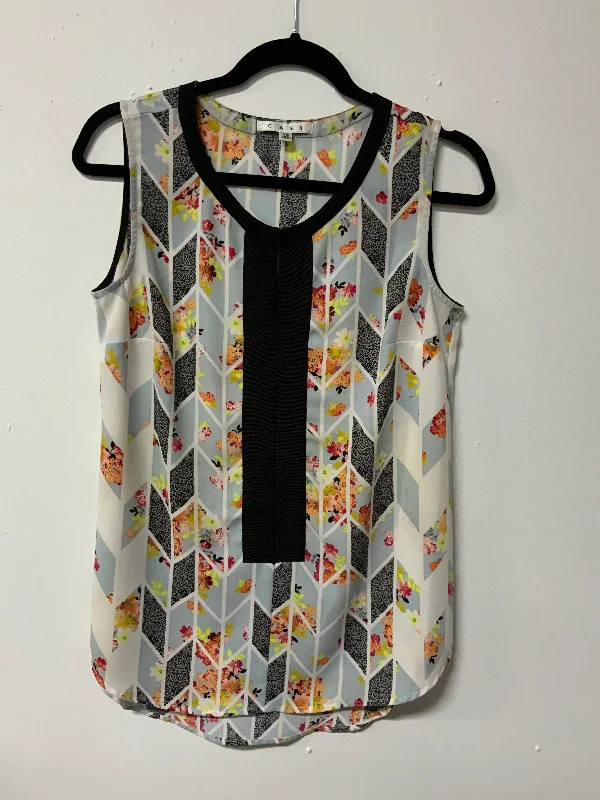 Cabi (XS) wh blk trim flwr tank peekaboo tank top