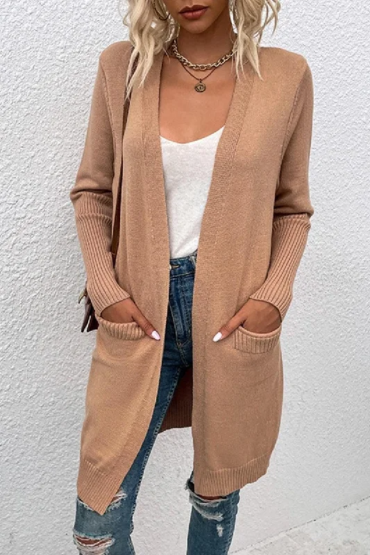 OPEN FRONT SIDE POCKETS BASIC CARDIGAN Patchwork Embroidered Appliqued