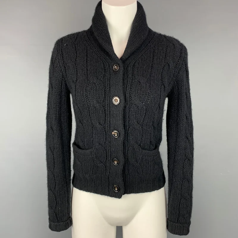 RALPH LAUREN Blue Label Size S Black Knitted Cashmere / Wool Cardigan Real Fur Shearling Chenille