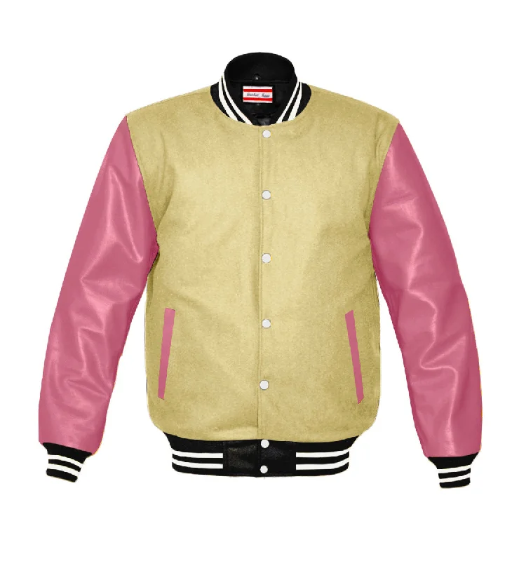 Original American Varsity Real Pink Leather Letterman College Baseball Women Wool Jackets #PKSL-WSTR-WB-BBand One-Shoulder Jacket Off-the-Shoulder Jacket Asymmetrical Jacket