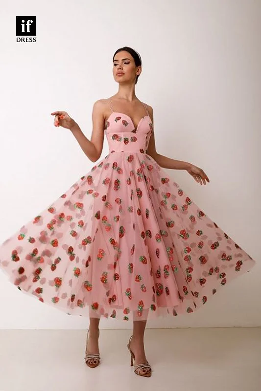 34862 - Sweet A-Line Strawberry Print Straps Prom Formal Party Dress Tunics Fashionable trendy